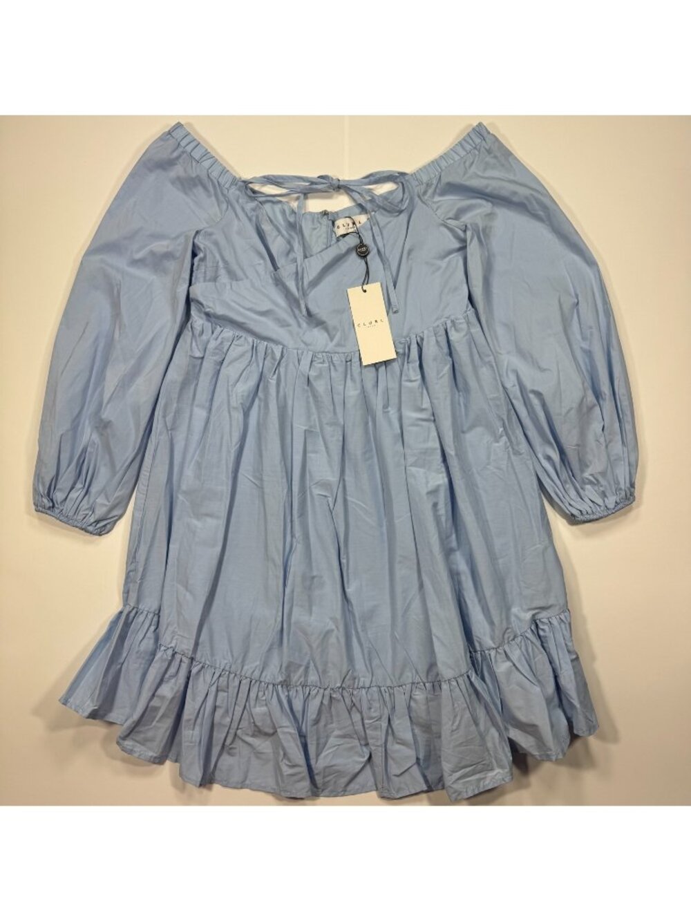 Club L London Kyra Dress Women's 6 Blue Cotton Babydoll Boho Chic Puff Sleeves